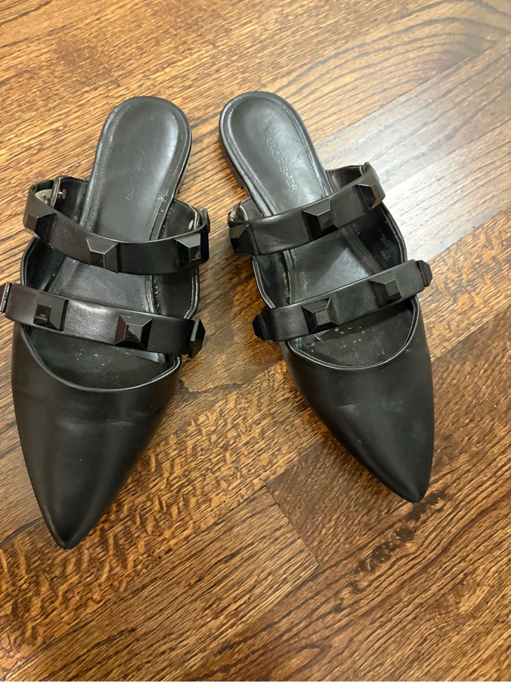 Pointed Toe Studded Double-Strap Mules - Black